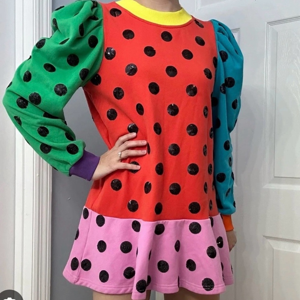 Queen Of Sparkles Polka Dot Colorblock Long Sleeve Dress Size Small HTF Color